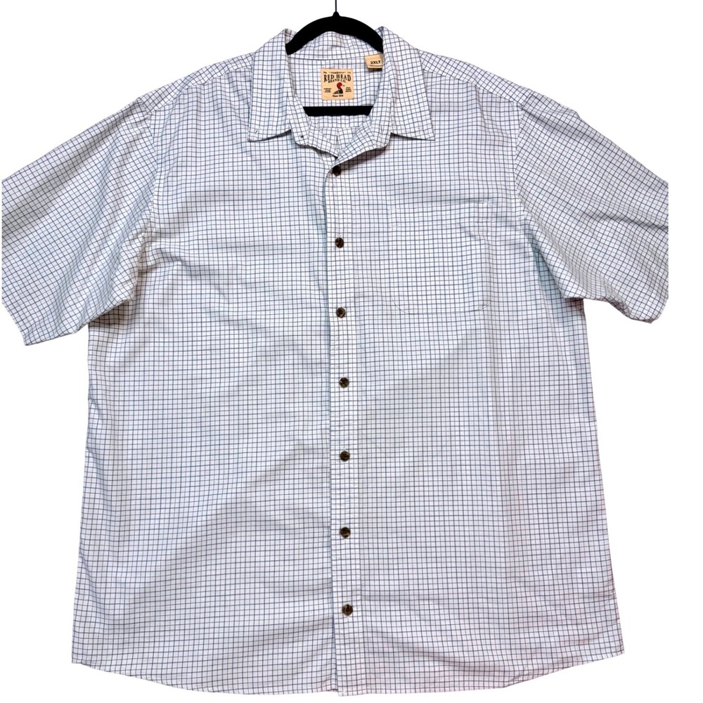 Red Head Button Down Shirt Mens 2XLT White Blue Excellent Plaid Short Sleeve